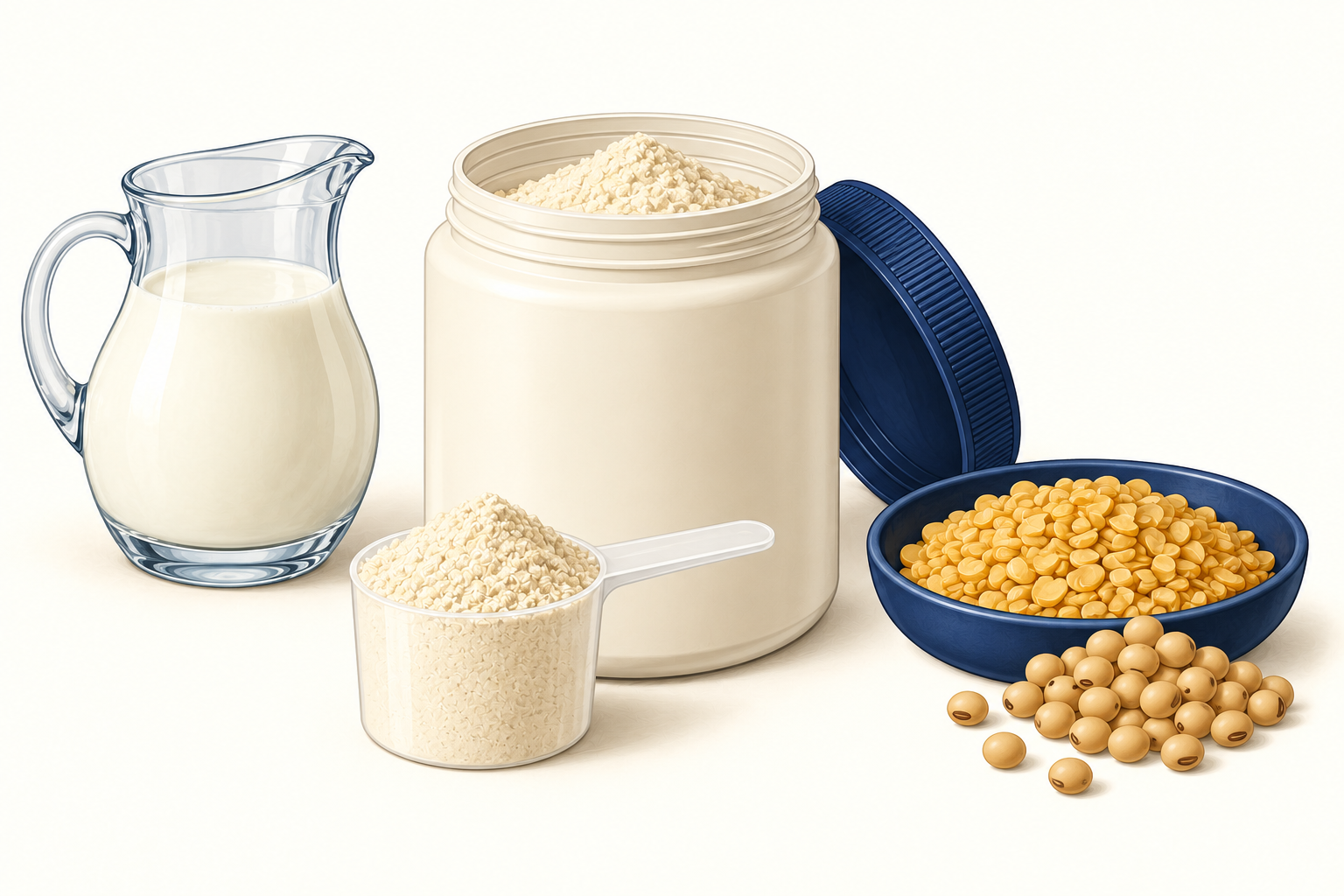 Milk, yellow split peas and soybeans beside an open container and scoop of protein powder.