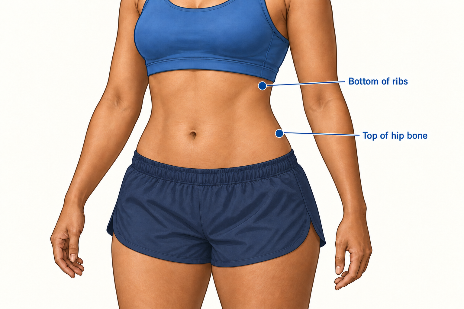 Torso illustration identifying the lower rib margin and the top of the hip bone on the side of the abdomen.