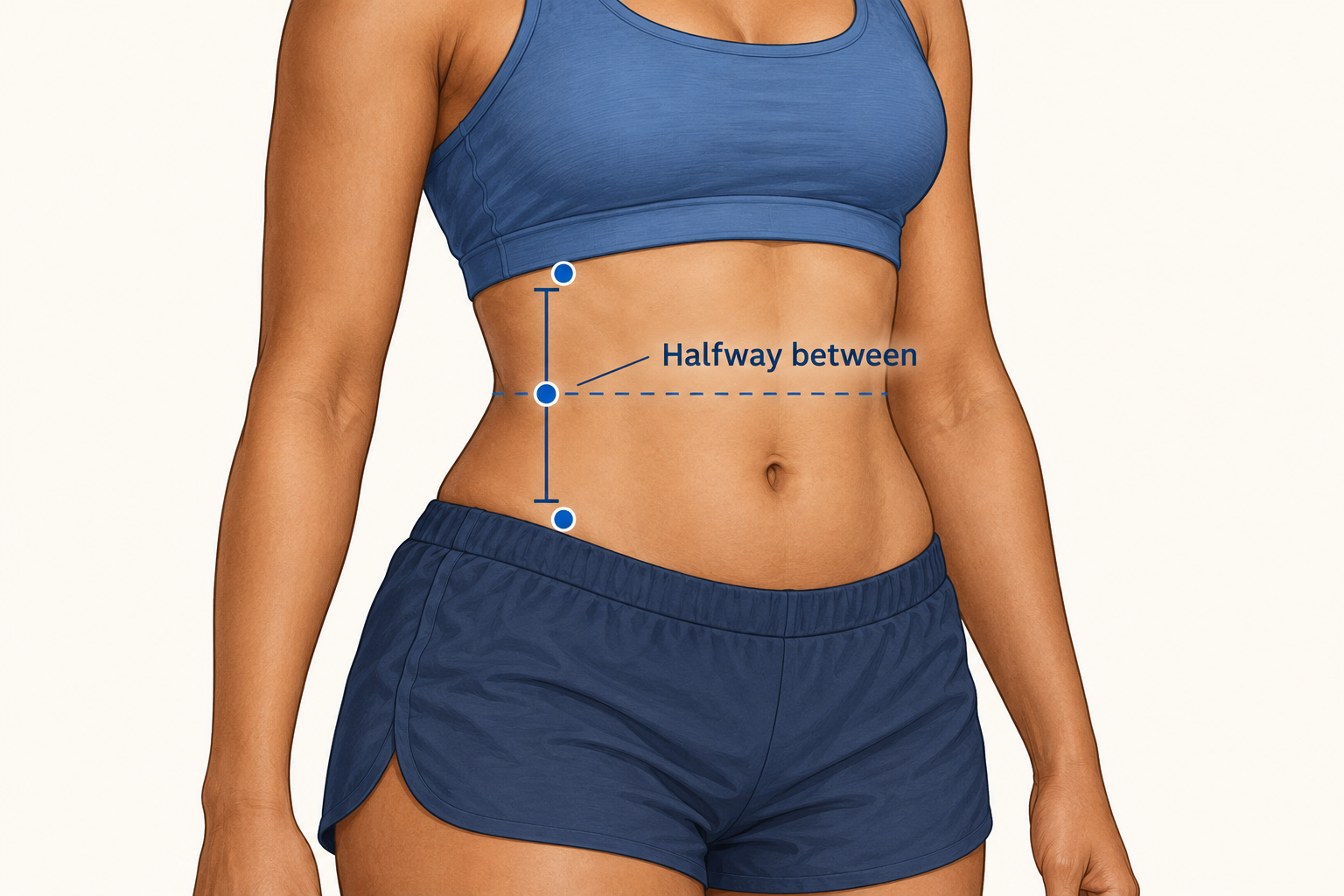 A bracket between the lower rib and top of the hip bone marks the halfway point for the waist measurement.