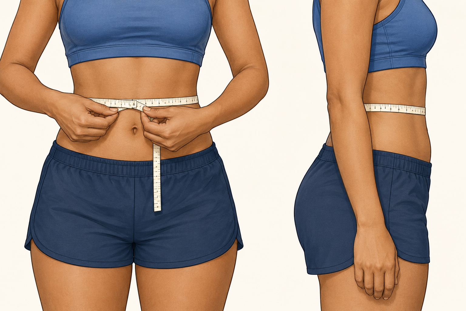 Front and side views show a measuring tape lying flat and horizontal around the waist without indenting the skin.