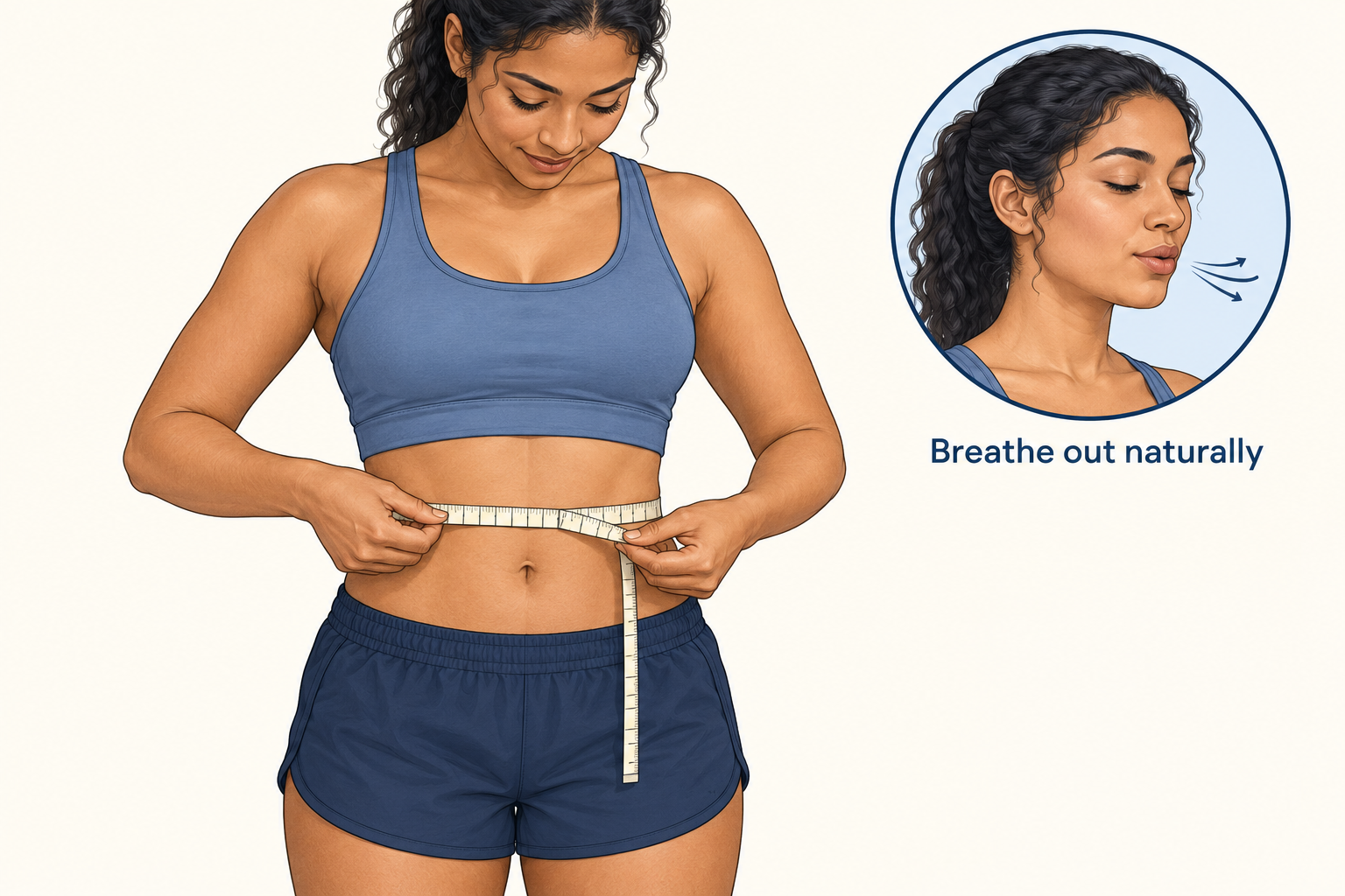 A relaxed adult holds the tape overlap gently while an inset illustrates breathing out naturally.