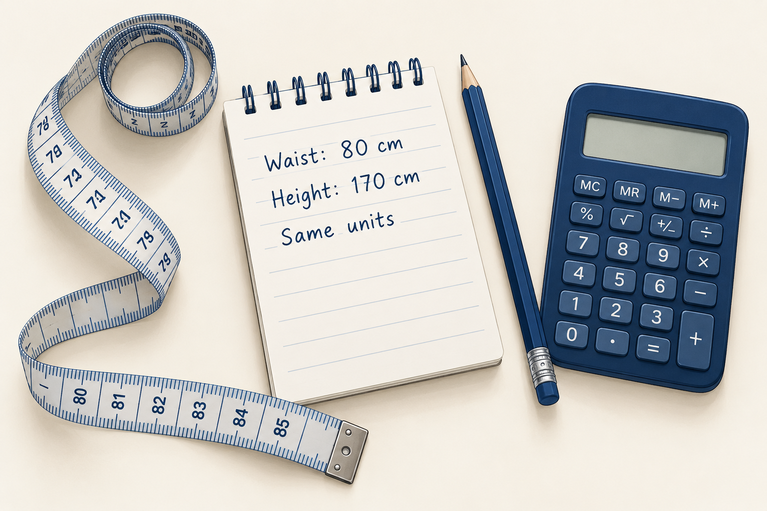 A notepad records an illustrative waist of 80 cm and height of 170 cm, emphasizing that both use the same units.